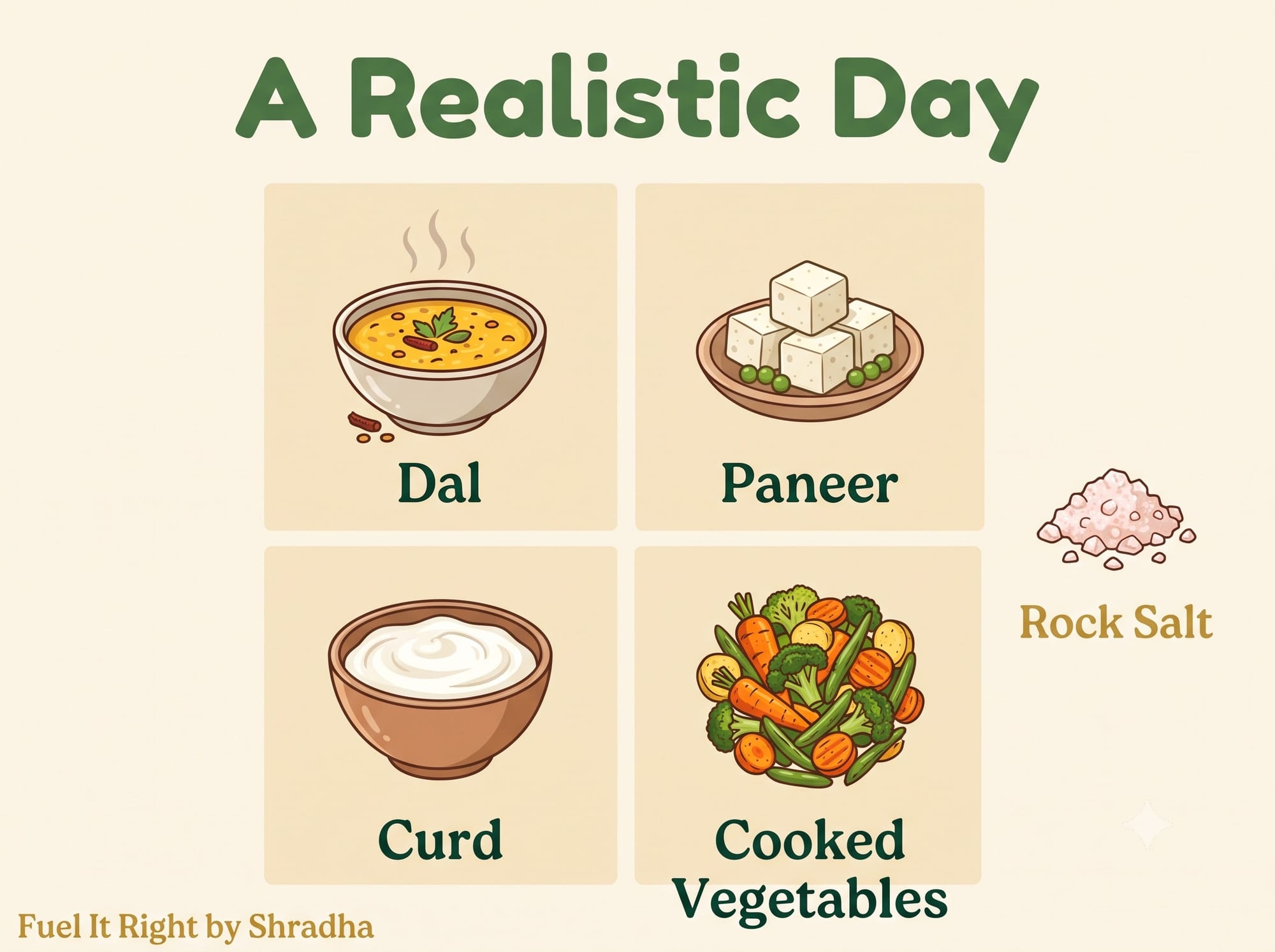 Table showing a realistic daily structure for an overactive thyroid diet: calorie-adequate meals built around dal, paneer, curd, and cooked vegetables