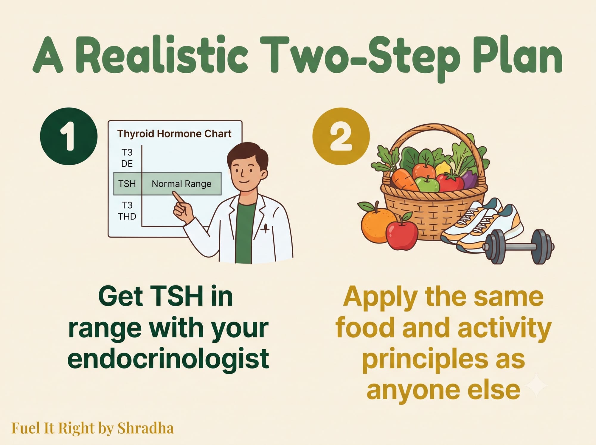 Graphic showing a two-step realistic approach: first getting TSH into range with an endocrinologist, then applying the same evidence-based food and activity principles that work for anyone