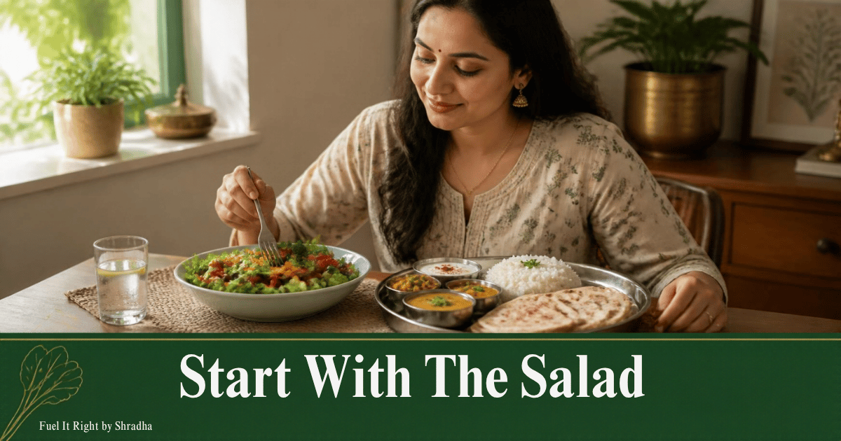 Eating order for diabetes: a woman starting her thali with a bowl of salad