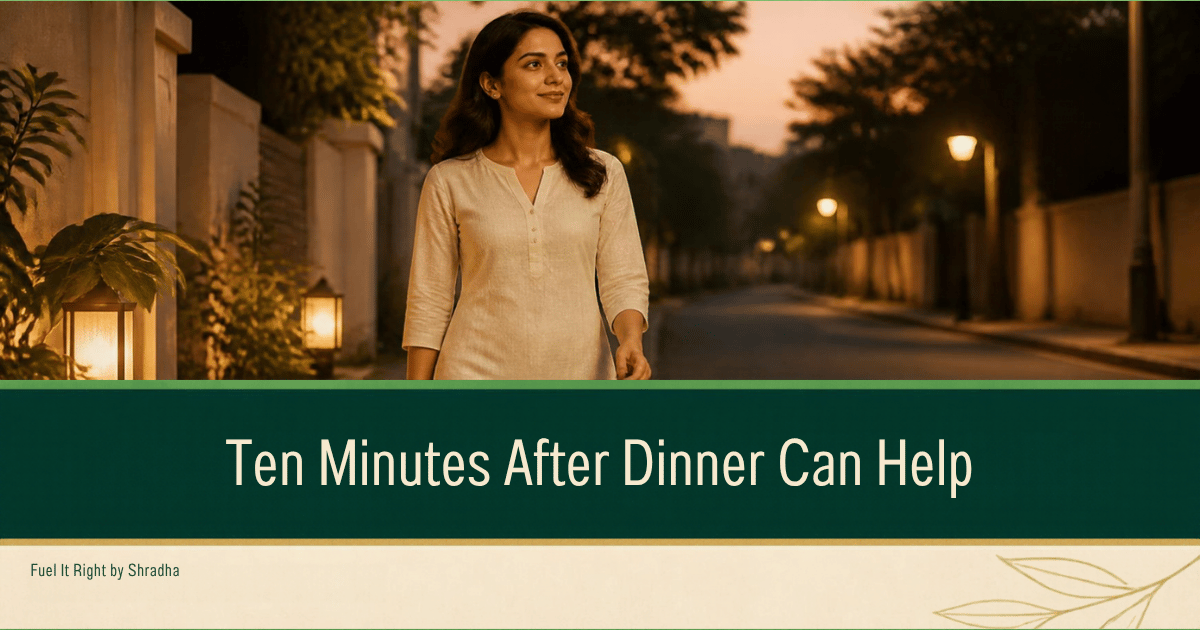 Walking after meals for diabetes: woman strolling at dusk after dinner in a quiet lane