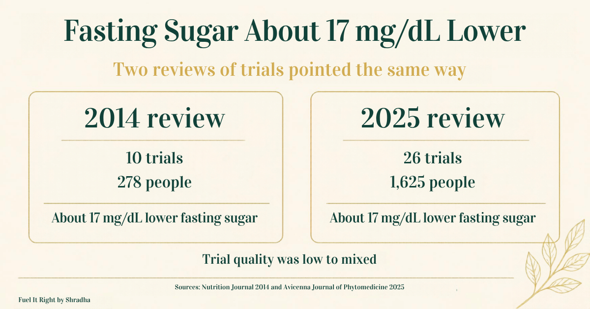 Methi seeds for diabetes: fasting sugar about 17 mg/dL lower in 2014 and 2025 trial reviews