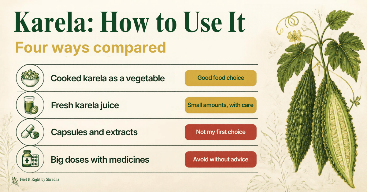 Karela for diabetes: cooked karela, juice, capsules and big doses compared