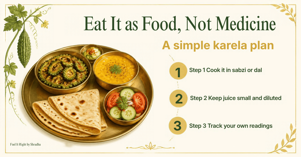 Karela for diabetes: a balanced thali with karela sabzi, dal, roti and salad