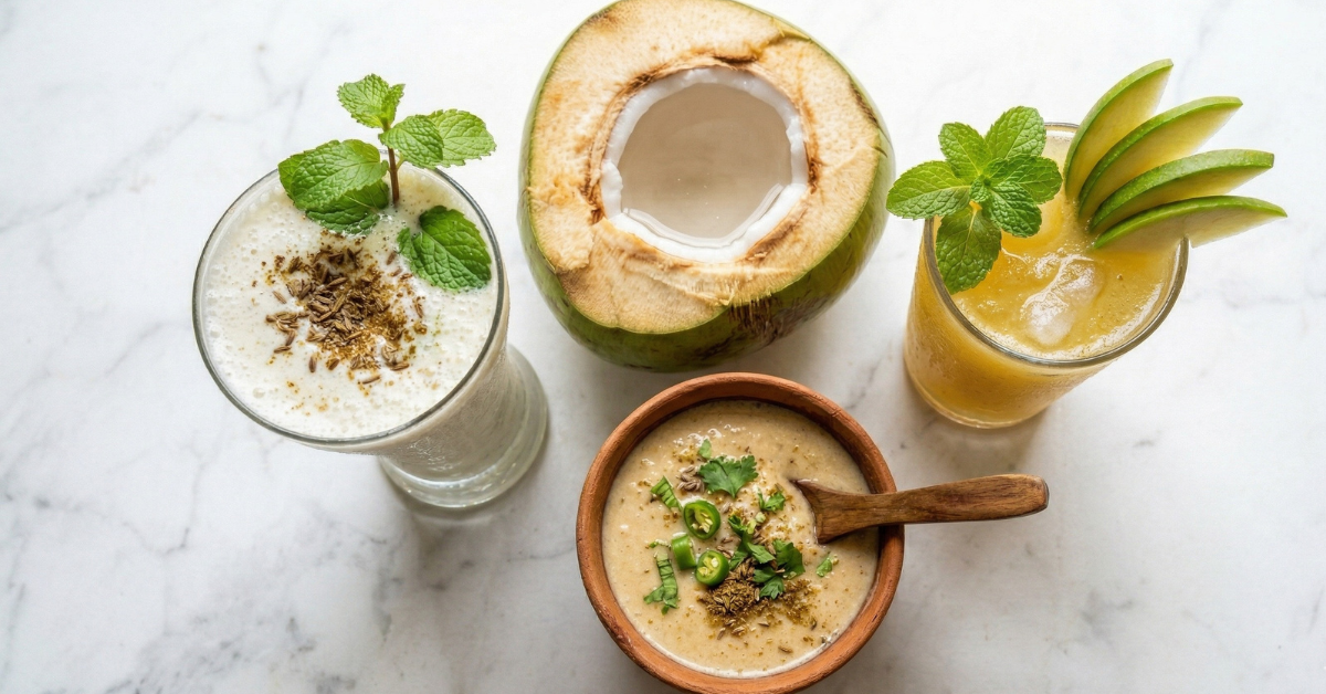 Indian summer gut healing drinks including chaas coconut water aam panna and sattu on a bright white surface