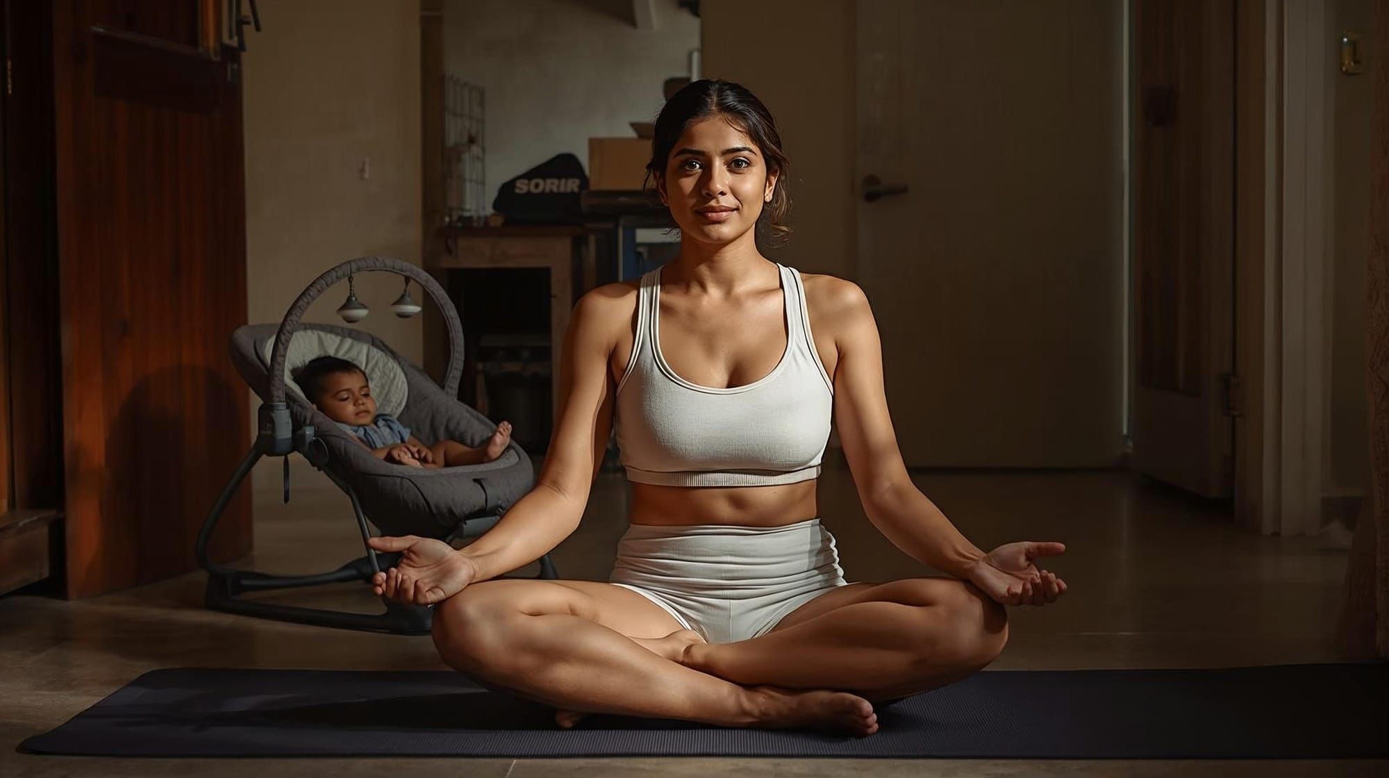 Indian mother sitting calmly at home after pregnancy, representing post-pregnancy body recovery