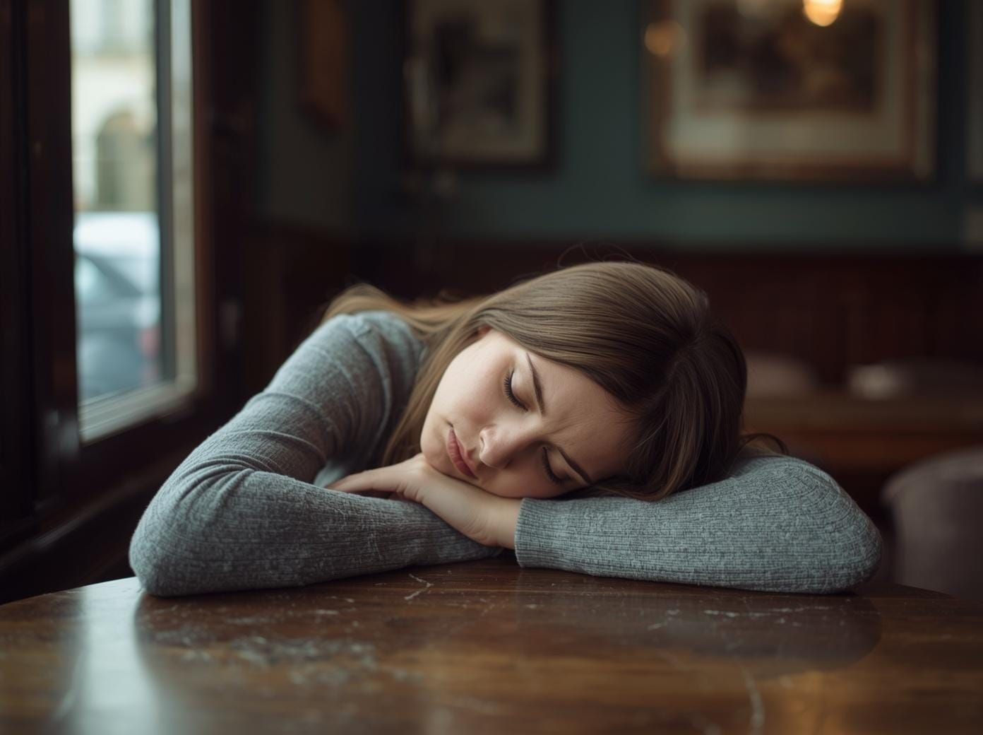 Person leaning at a table looking exhausted despite sleeping enough