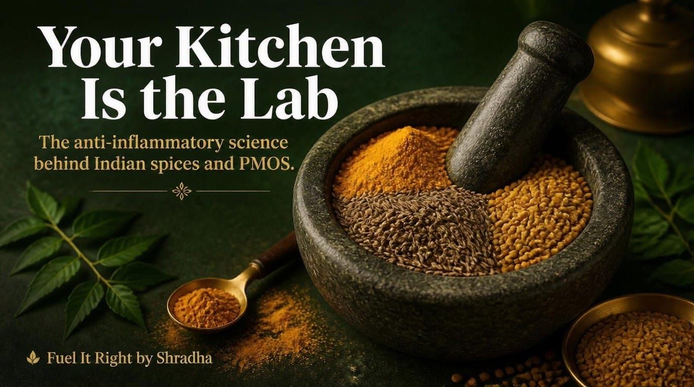 PMOS and inflammation- stone mortar with haldi turmeric jeera cumin and methi seeds representing the anti-inflammatory science behind Indian spices and PMOS