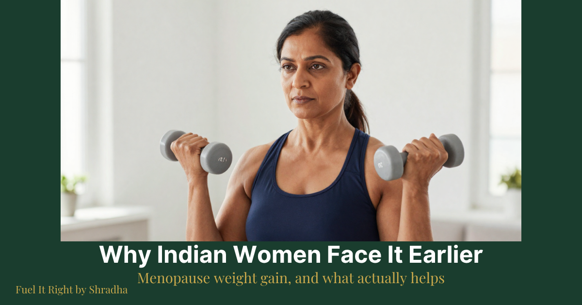 Photorealistic overhead photo of dal, paneer, flaxseed, and a small bowl of curd on a table, with headline "Menopause Weight Gain: Why Indian Women Face It Earlier" for the Fuel It Right blog