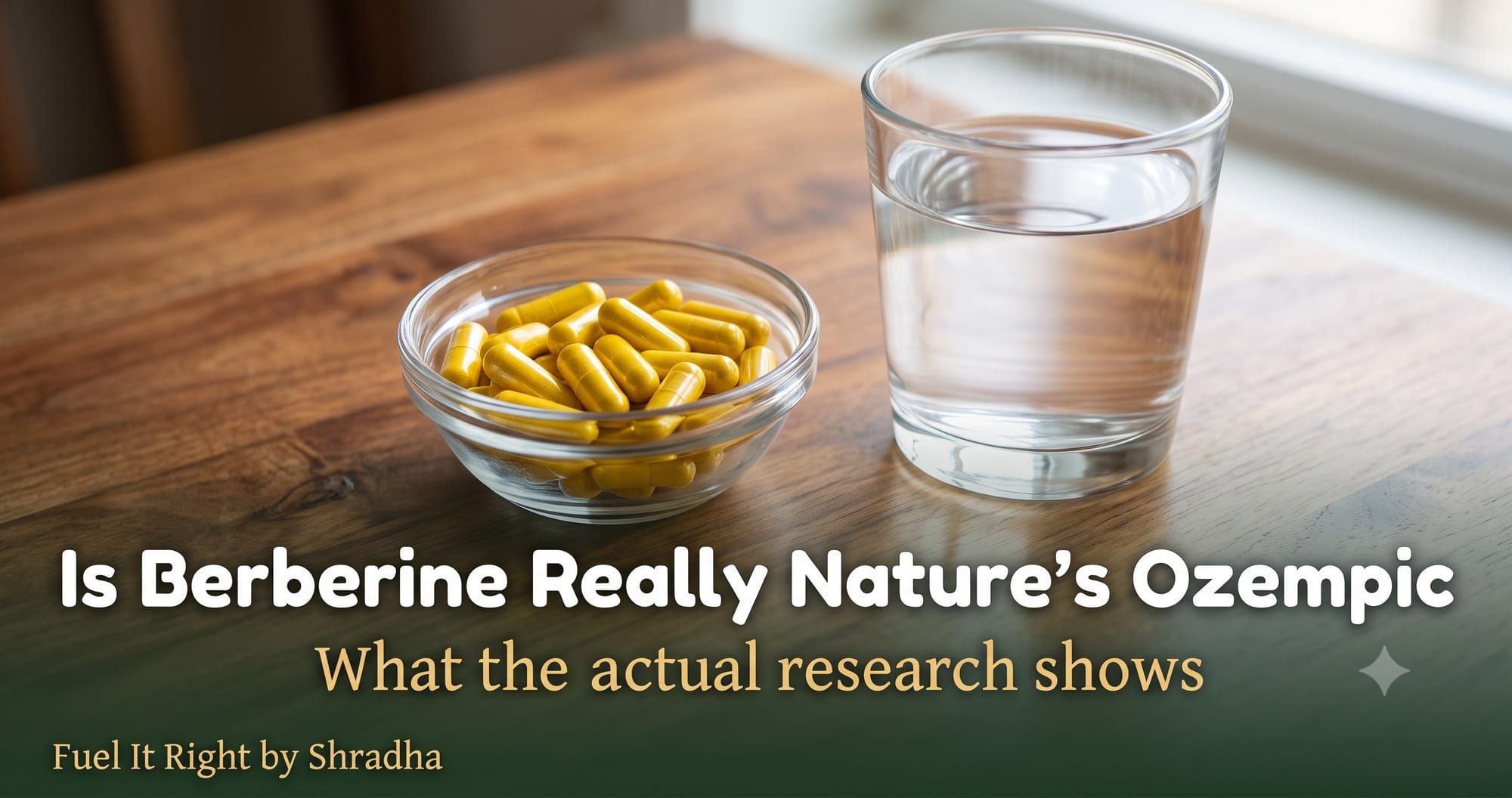 Photorealistic photo of berberine capsules in a small bowl beside a glass of water, with headline "Is Berberine Really Nature's Ozempic?" for the Fuel It Right blog