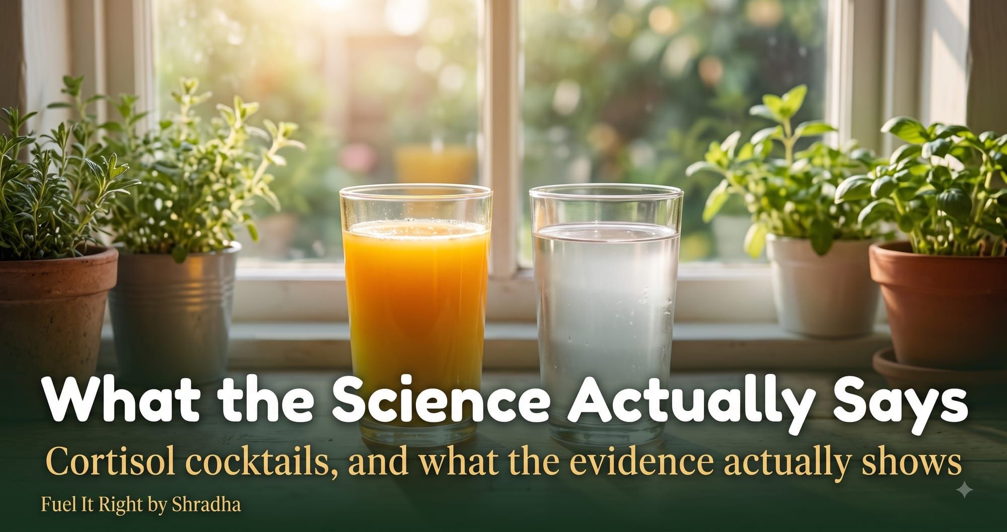 Photorealistic photo of a glass of orange juice and coconut water beside a sunny window in the morning, with headline "Cortisol Cocktails: What the Science Actually Says"