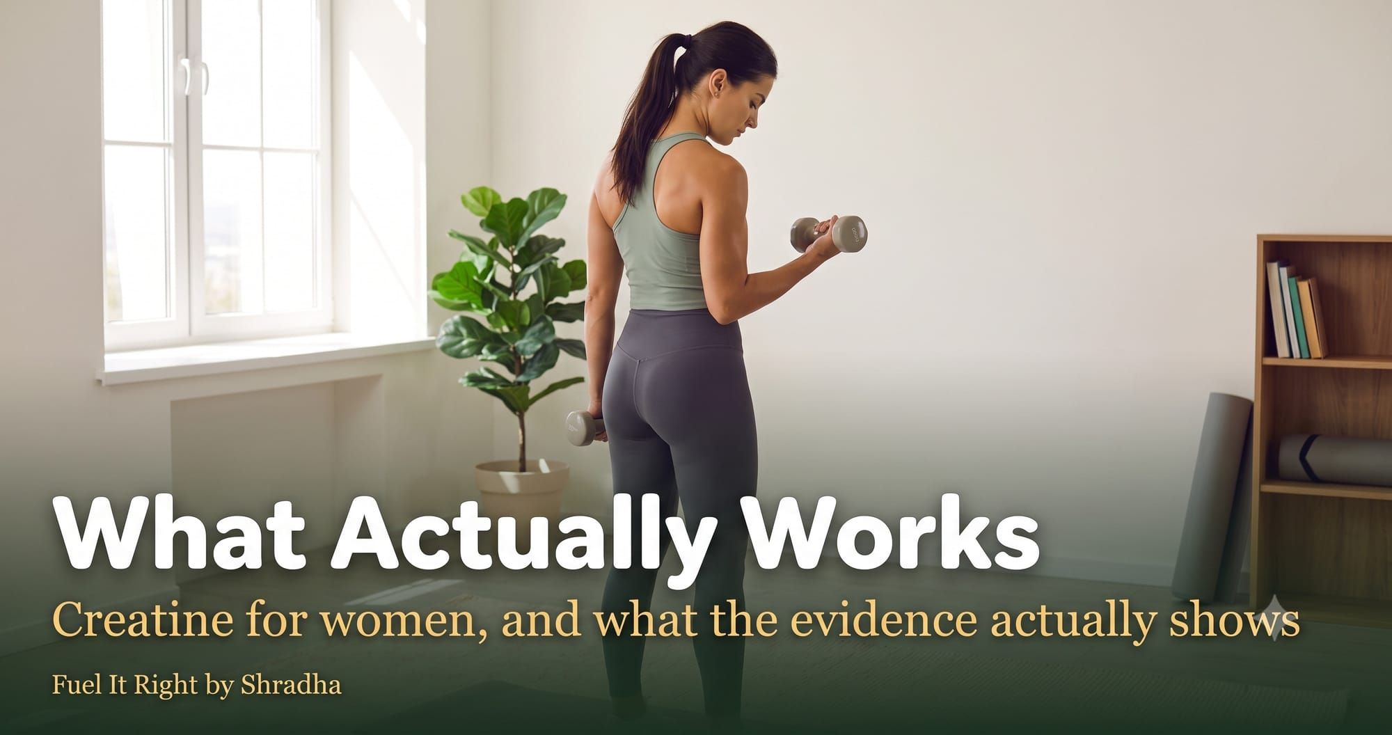 Photorealistic photo of a woman doing a resistance training exercise with light dumbbells at home, with headline "Creatine for Women: What Actually Works" for the Fuel It Right blog