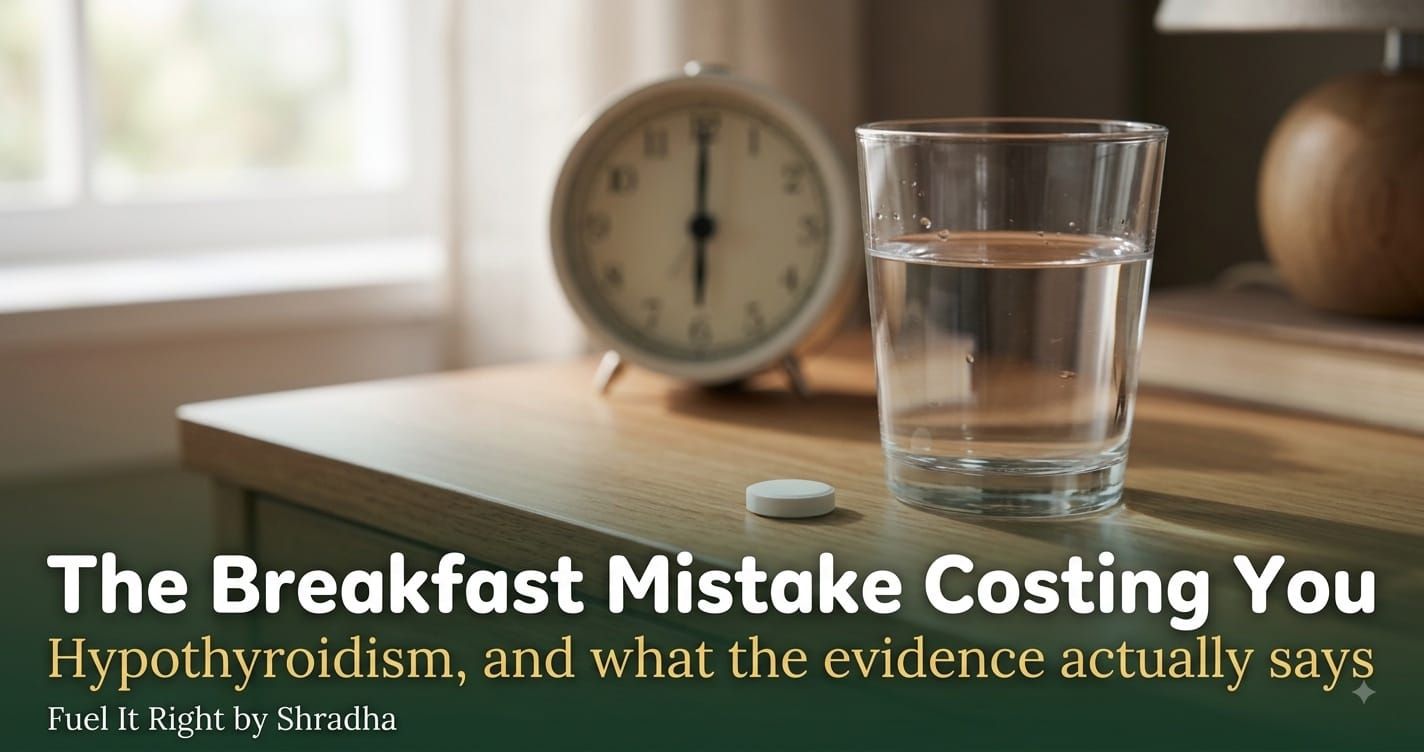 Photorealistic photo of a thyroid medication tablet and a glass of plain water on a table beside a clock, with headline "Hypothyroidism: Breakfast Mistake Costing You" for the Fuel It Right