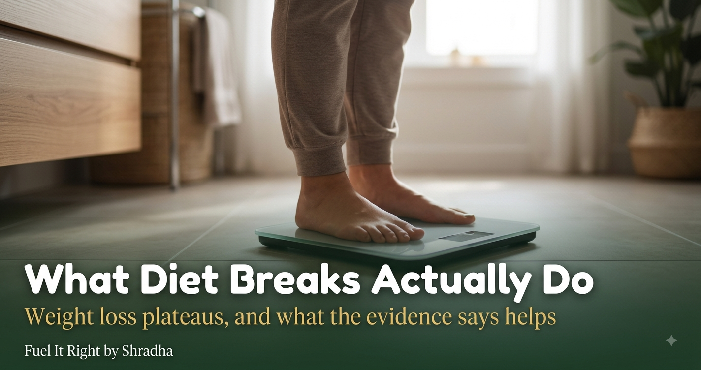 Photorealistic photo of a person looking at a weighing scale with a flat, unchanging trend, thoughtful expression, with headline "Weight Loss Plateau: What Diet Breaks Actually Do" 