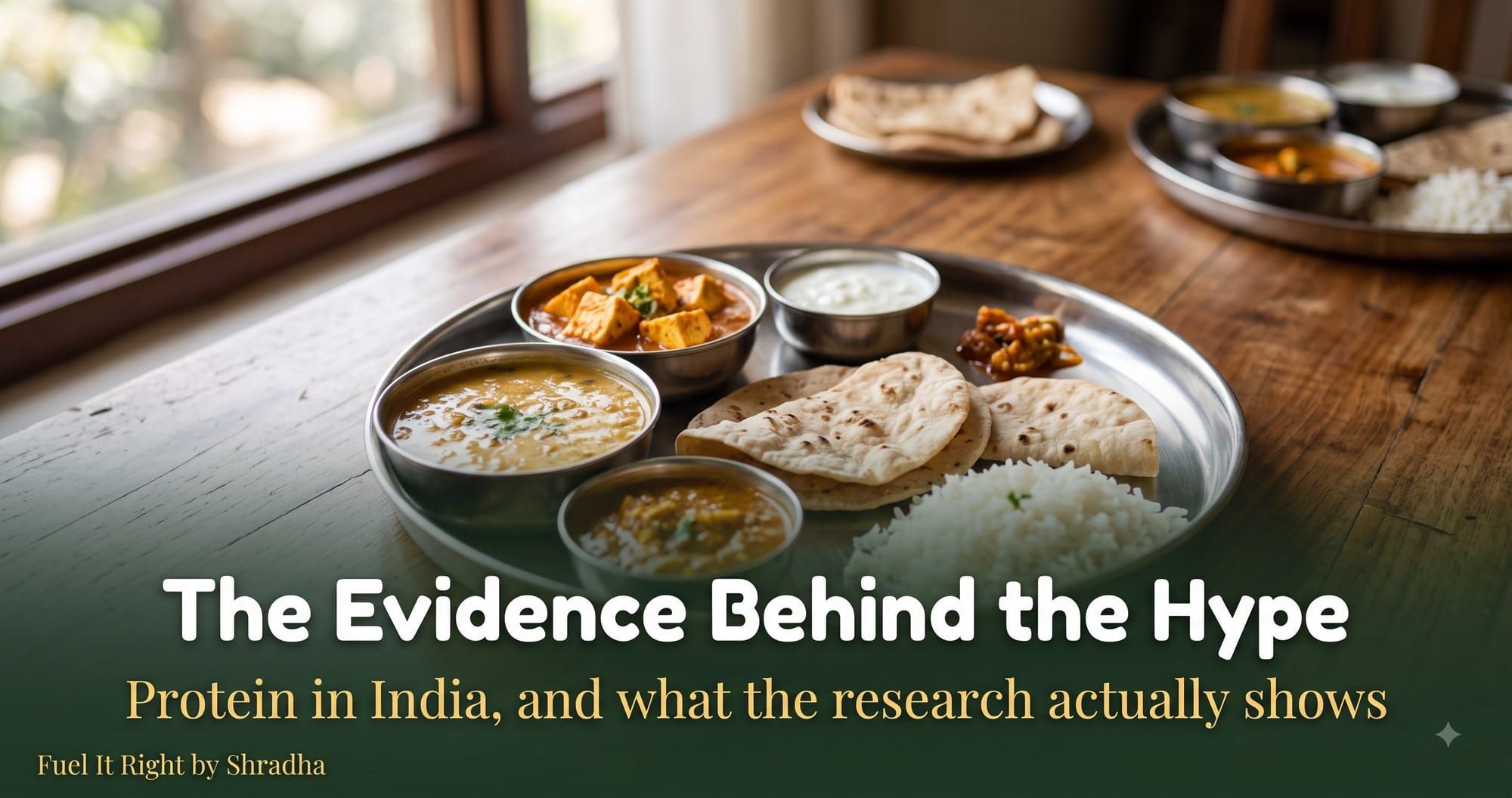 Photorealistic photo of a thali with dal, paneer, and curd on a table, with headline "Protein in India: The Evidence Behind the Hype" for the Fuel It Right blog