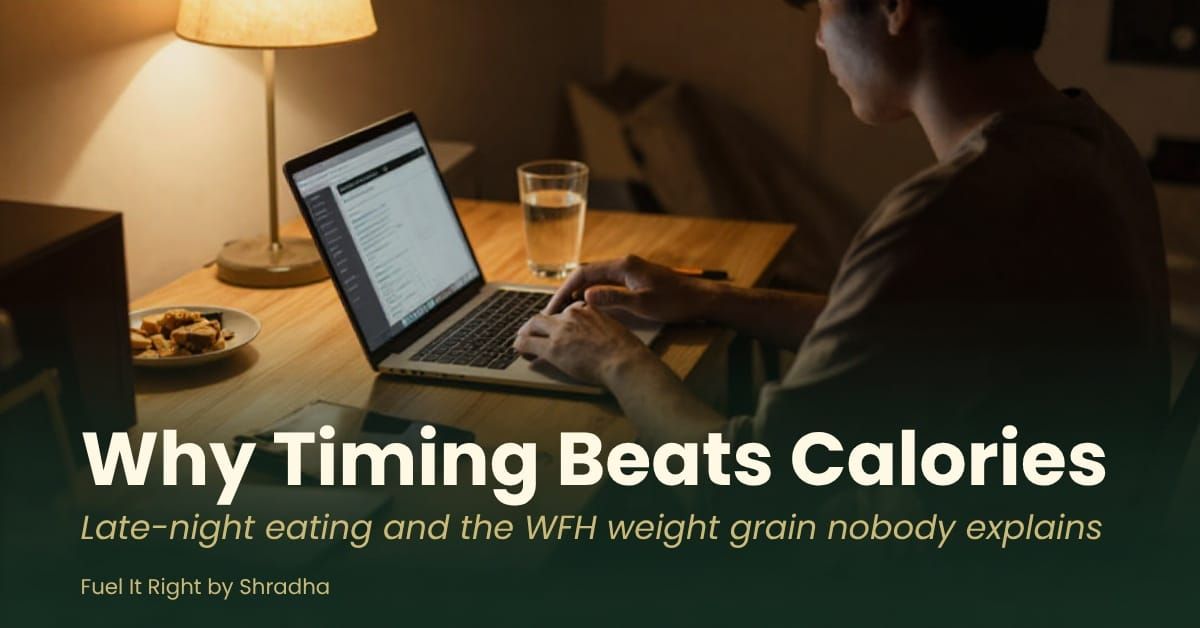 Photorealistic photo of a person working late at a laptop at home with a small snack plate beside them, dimly lit room, with headline "Late-Night Eating: Why Timing Beats Calories" 