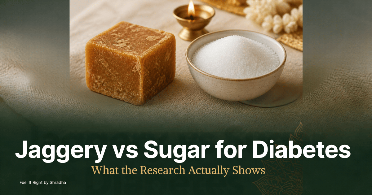 Jaggery vs sugar for diabetes: jaggery block and sugar bowl side by side with a diya lamp