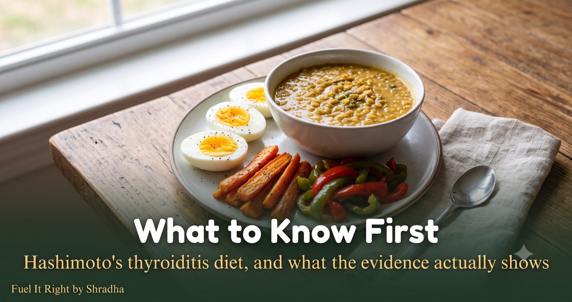 hotorealistic photo of dal, eggs, and colourful cooked vegetables on a table, with headline "Hashimoto's Thyroiditis Diet: What to Know First" for the Fuel It Right blog