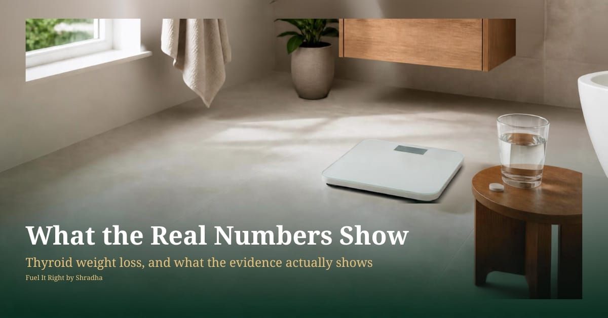 Photorealistic photo of a weighing scale beside a thyroid medication tablet and a glass of water on a table, with headline "Thyroid Weight Loss: What the Real Numbers Show" 