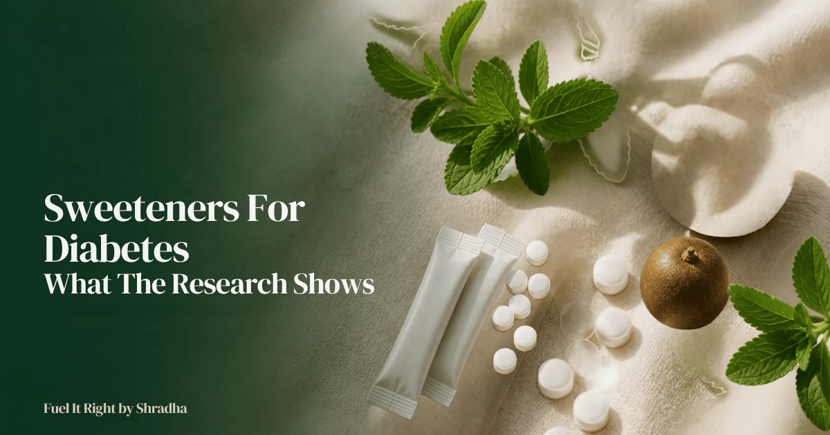 Sweeteners for diabetes: stevia leaves, monk fruit and sugar-free sachets on a cream surface