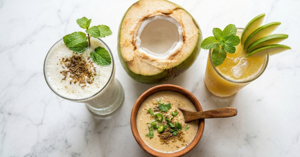 Indian summer gut healing drinks including chaas coconut water aam panna and sattu on a bright white surface