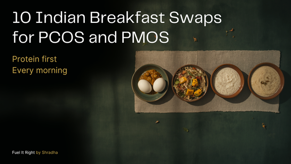 10 Indian breakfast swaps for PCOS and PMOS. Protein first every morning eggs paneer bhurji sprout bowl ragi porridge moong dal chilla on dark green background