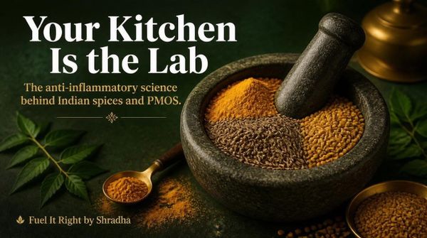 PMOS and inflammation- stone mortar with haldi turmeric jeera cumin and methi seeds representing the anti-inflammatory science behind Indian spices and PMOS