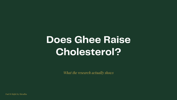 Dark green banner reading "Does Ghee Raise Cholesterol?" for the Fuel It Right blog on ghee and cholesterol research