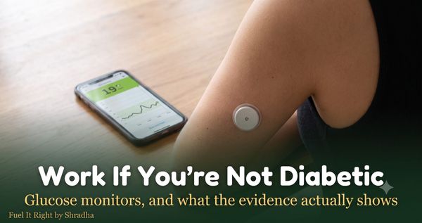 Photorealistic photo of a continuous glucose monitor sensor on a person's arm beside a smartphone showing a glucose graph, with headline "Do Glucose Monitors Work If You're Not Diabetic?"