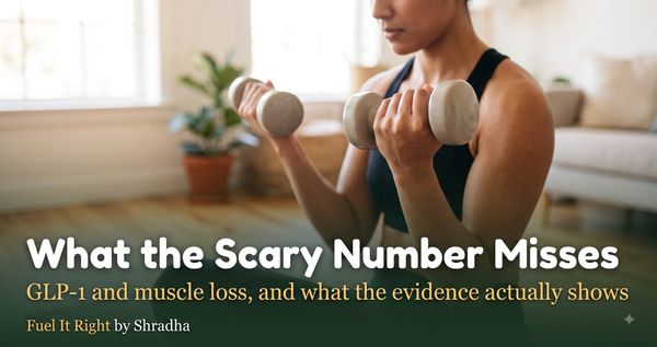 Photorealistic photo of a person doing a resistance training exercise with light dumbbells at home, with headline "GLP-1 Muscle Loss: What the Scary Number Misses"