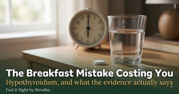 Photorealistic photo of a thyroid medication tablet and a glass of plain water on a table beside a clock, with headline "Hypothyroidism: Breakfast Mistake Costing You" for the Fuel It Right