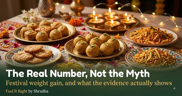 Photorealistic photo of a festive Indian spread with sweets and savouries on a decorated table, warm evening lighting, with headline "Festival Weight Gain: The Real Number, Not the Myth"