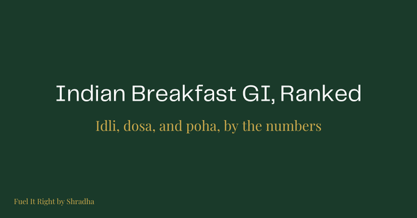 Dark green banner reading "Indian Breakfast GI, Ranked" for the Fuel It Right blog on idli, dosa, and poha glycemic index