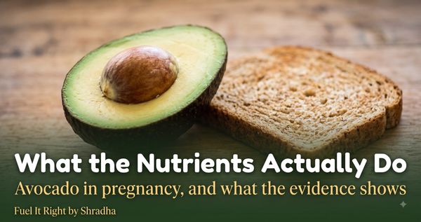 Photorealistic photo of a halved avocado beside whole wheat toast on a table, soft natural light, with headline "Avocado in Pregnancy: What the Nutrients Actually Do"
