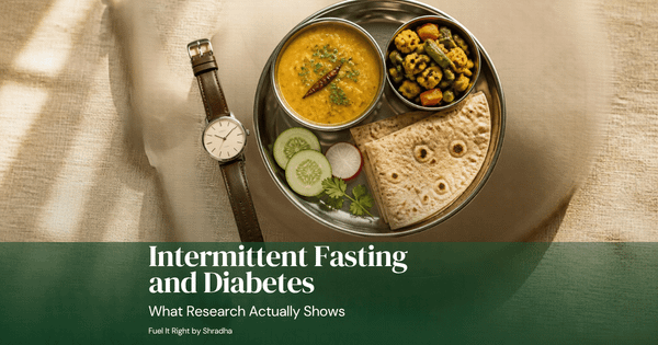 Intermittent fasting and diabetes, photorealistic flat-lay of a wristwatch beside a small thali of dal, roti and vegetables on a cream linen surface, forest green gradient overlay