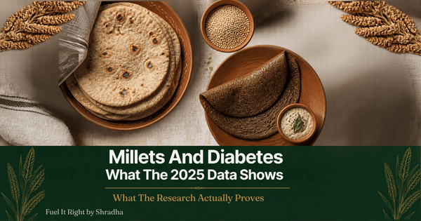 Millets and diabetes, photorealistic flat-lay of jowar roti, ragi dosa and pearl millet in bowls on a cream linen surface, forest green gradient overlay with bold white headline