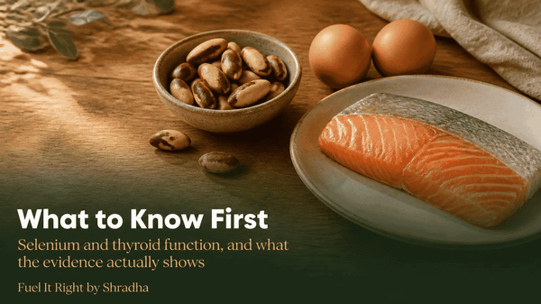 Photorealistic photo of Brazil nuts, eggs, and a piece of fish on a table, with headline "Selenium and Thyroid Function: What to Know First"