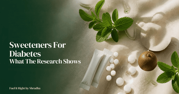 Sweeteners for diabetes: stevia leaves, monk fruit and sugar-free sachets on a cream surface