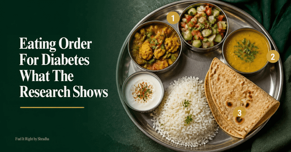 Eating order for diabetes: Indian thali with salad, dal, sabzi, roti and rice in numbered order
