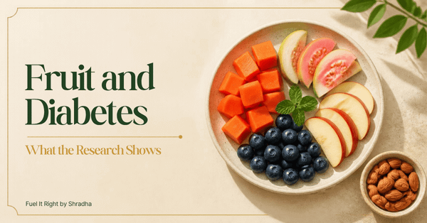 Fruit and diabetes: plate of papaya, guava, apple and blueberries with almonds