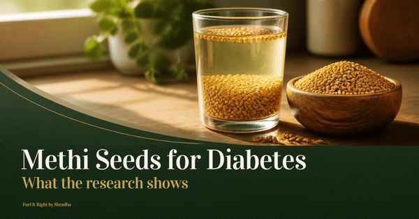 Methi seeds for diabetes: soaked fenugreek seeds in a glass of water beside a bowl of dry seeds