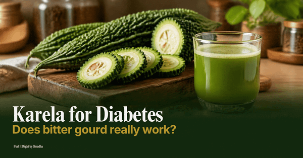 Karela for diabetes: fresh bitter gourd sliced on a wooden board beside a small glass of green juice