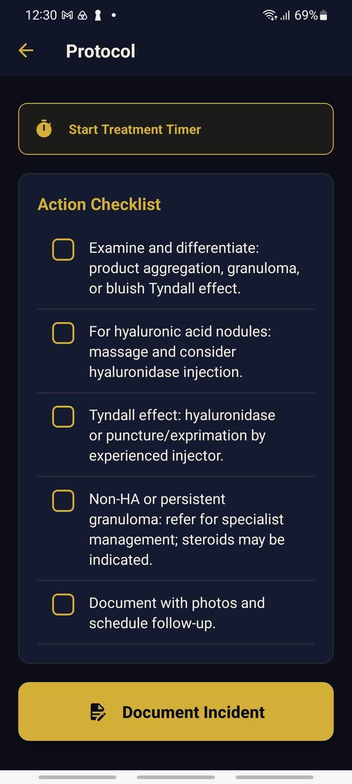 CEMS filler nodules protocol with a Document Incident button that creates a timestamped incident record
