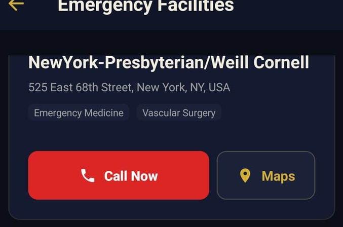 CEMS emergency facilities finder showing a nearby hospital with emergency medicine and vascular surgery on site, plus call and maps buttons