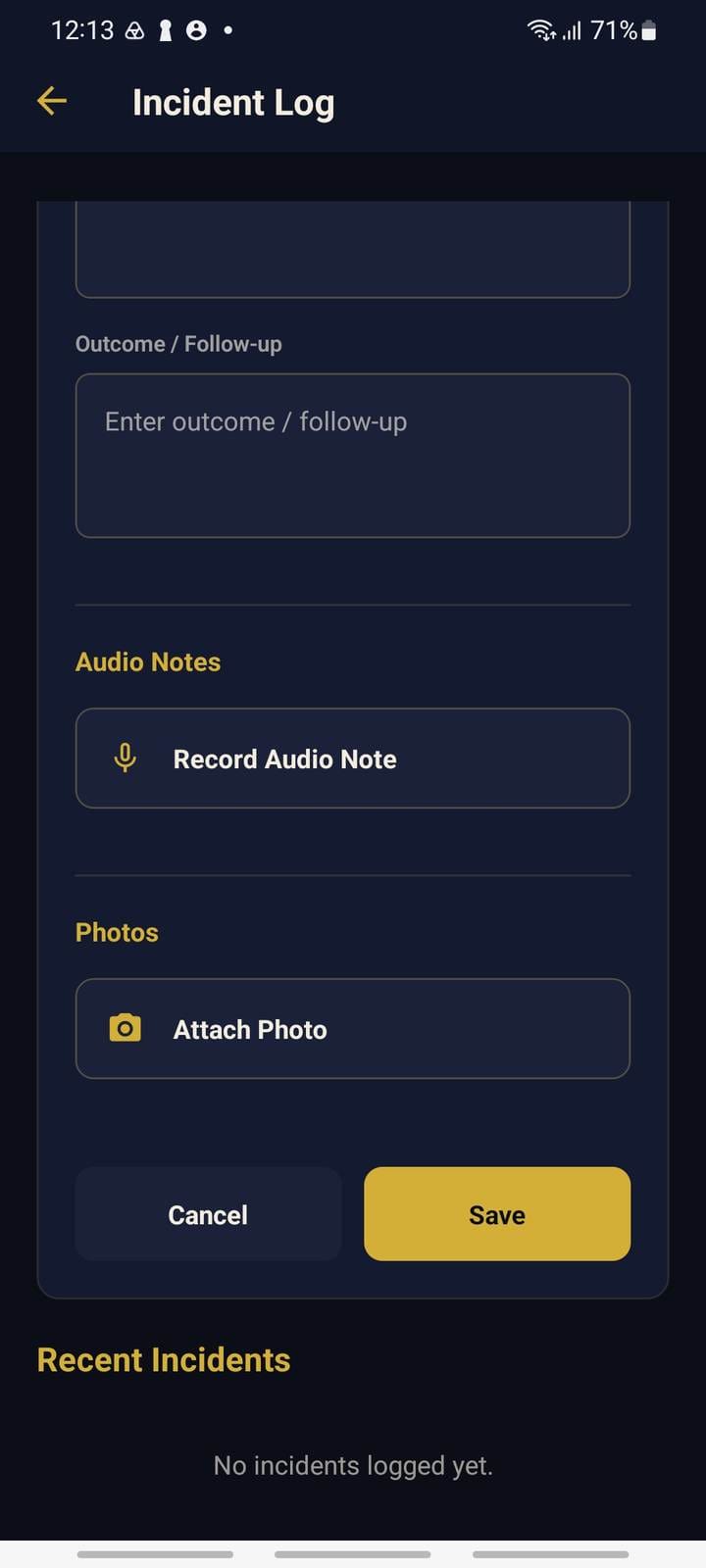 CEMS incident log form with outcome, audio notes and photo attachment