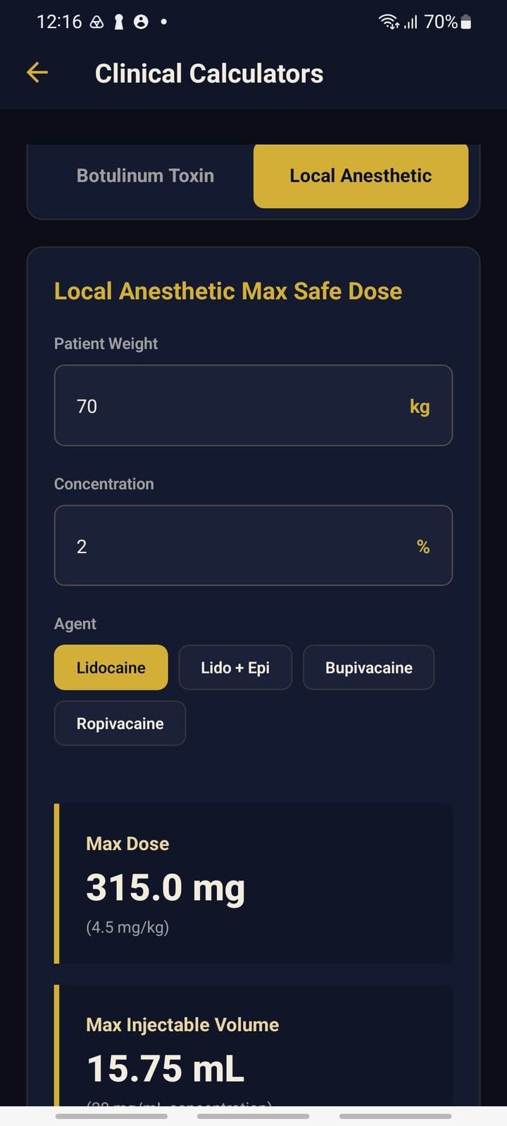 CEMS local anaesthetic maximum safe dose calculator