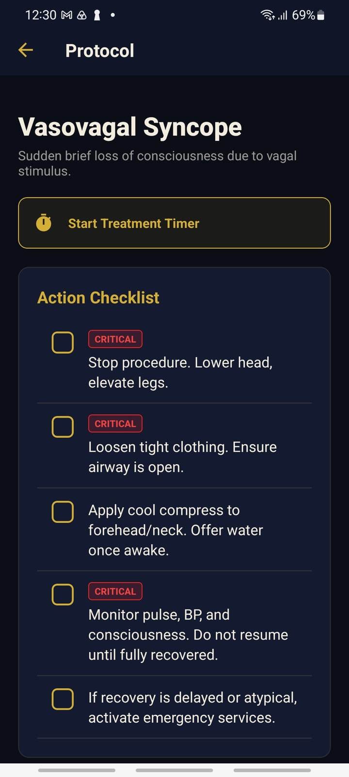 CEMS vasovagal syncope emergency protocol with critical steps