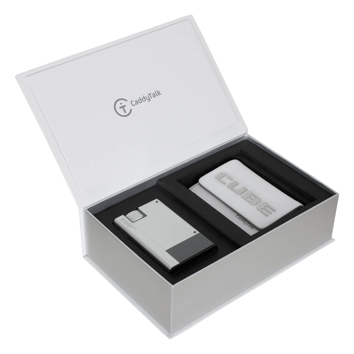 Product photograph of the CUBE and pouch in its packaging.