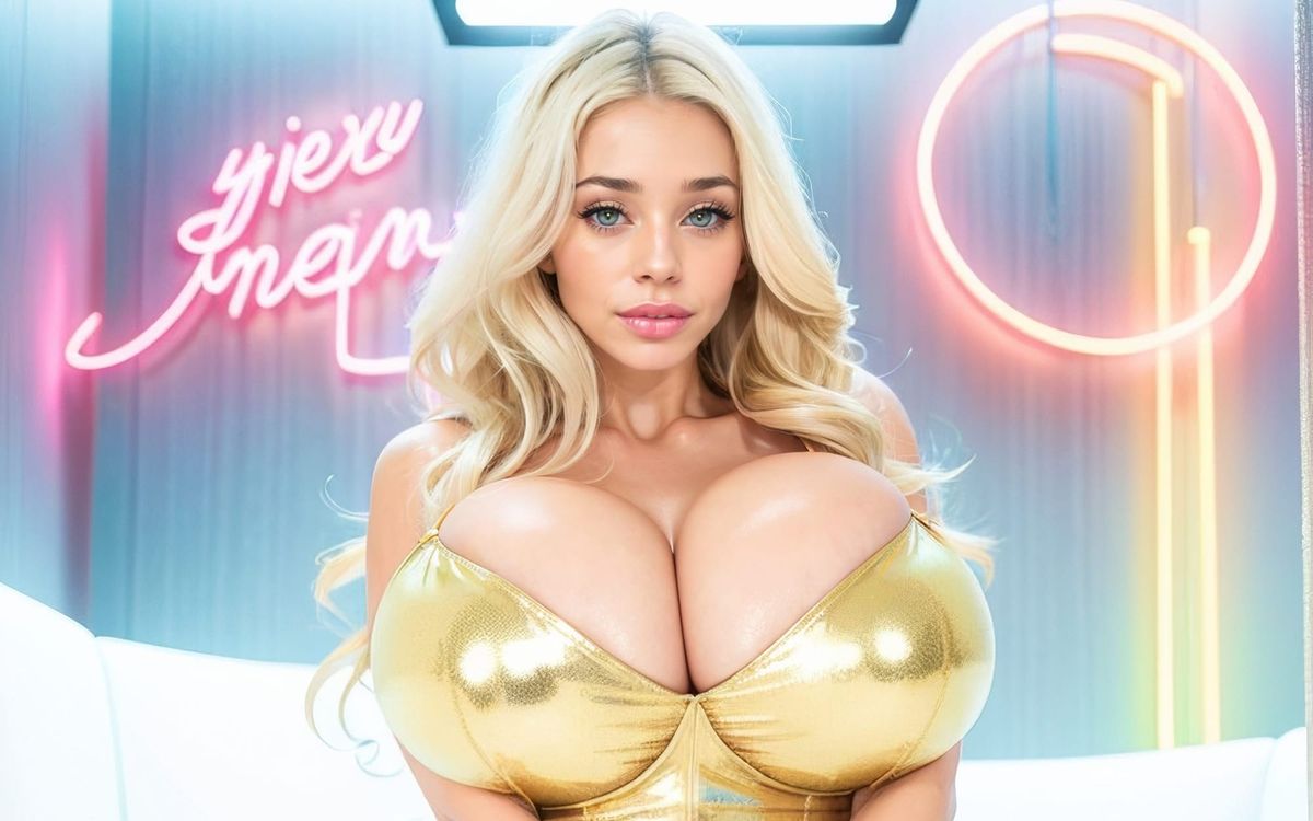 A blonde bimbo wearing a gold bra and matching panties and bracelet