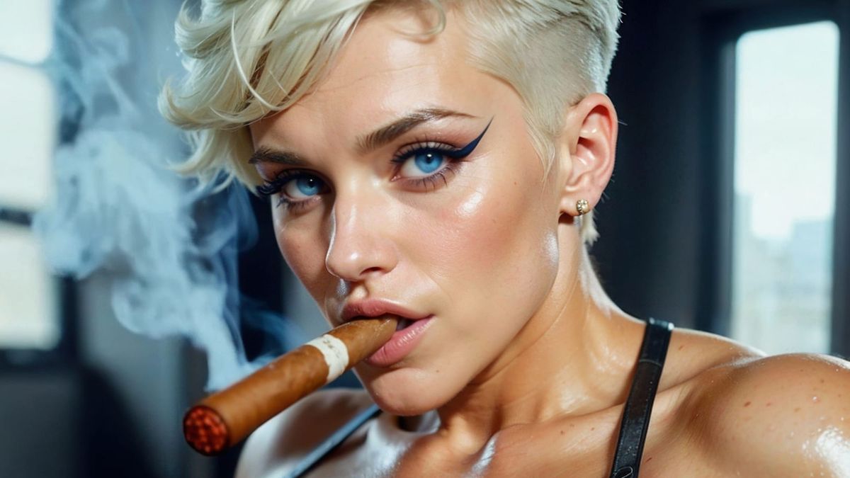 a woman with a short blond undercut and blue eyes smoking a cigar 