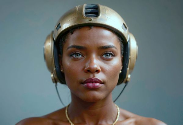 A Black woman with grey eyes and magenta lipstick wearing a gold retrofuturistic helmet and necklace